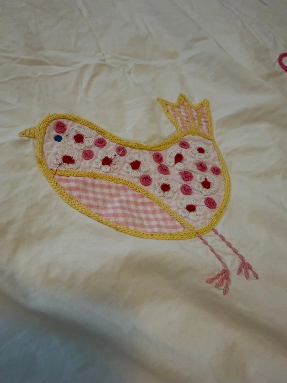 Pottery Barn Kids Full/Queen White Pink Embroidered Crewel Birds Flowers Duvet